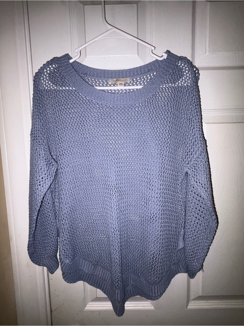 Cozy Casual Sky Blue Open-Knit Scoop Neck Sweater